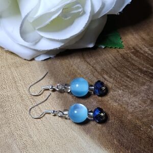 Hand Crafted Dangle Earrings With Blue Moonstones And AB Faceted Crystal Beads